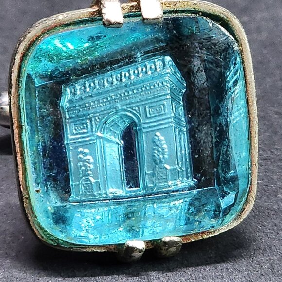 Vintage Swank Cufflinks Arc De Triomphe Aqua Blue Silver-tone SET - Picture 3 of 11